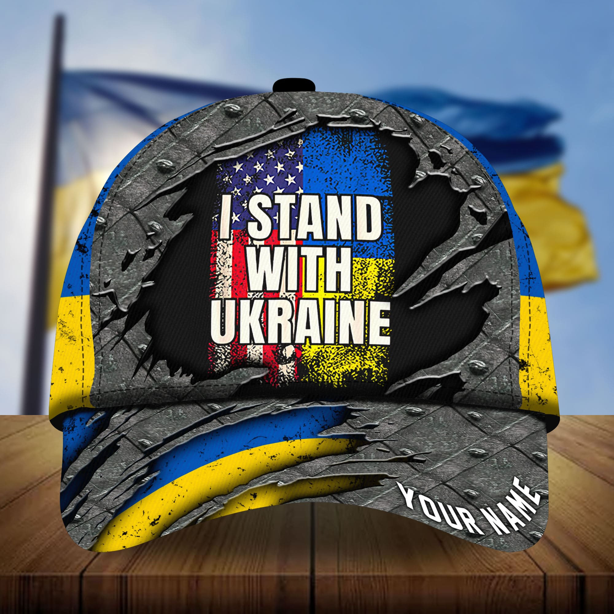 Adeenyc - Premium Metal American Support Ukraine 3D Hats Personalized Name Custom Name Trucker Hats Custom Hats Gifts For Men & Women