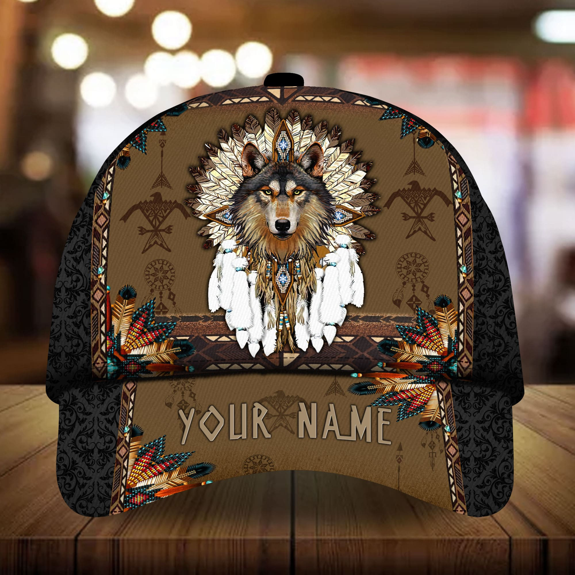 Adeenyc - Premium Unique Native American Wolf Black 3D Hats Personalized Name Custom Name Trucker Hats Custom Hats Gifts For Men & Women