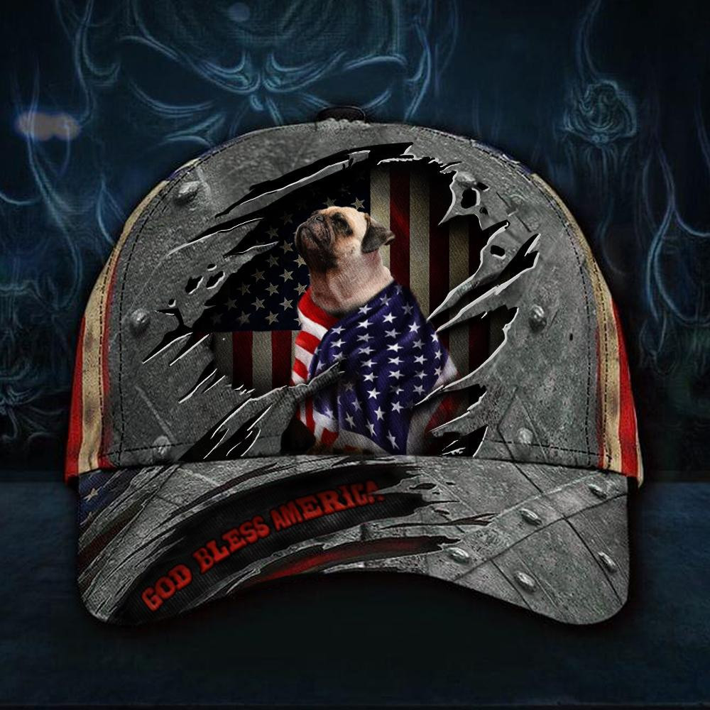 Adeenyc Pug God Bless America 3D Hat USA Flag Cap Vintage Dog Patriotic Pug Merchandise Classic Cap Trucker Hats Custom Hats Gifts For Men & Women