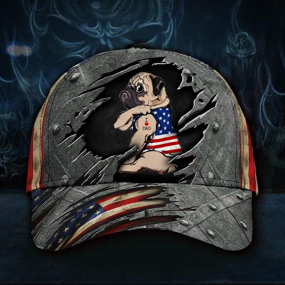 Adeenyc Pug I Love Dad Arm Tattoo Hat Vintage Old Retro American Flag Classic Cap Father's Day Gifts For Uncles Trucker Hats Custom Hats Gifts For Men & Women