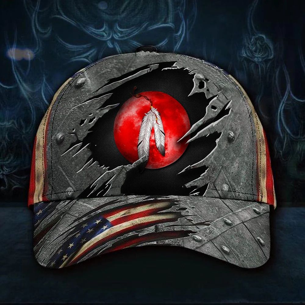 Adeenyc Red Moon And Feathers 3D Print Hat Native Americans Tribes Cap Dad Hat Gifts Trucker Hats Custom Hats Gifts For Men & Women