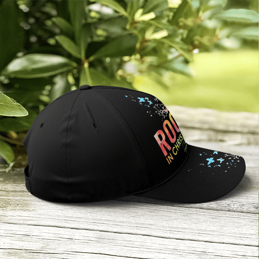 Adeenyc Rooted In Christ Black Baseball Cap All Over Print Trucker Hats Custom Hats Gifts For Men & Women