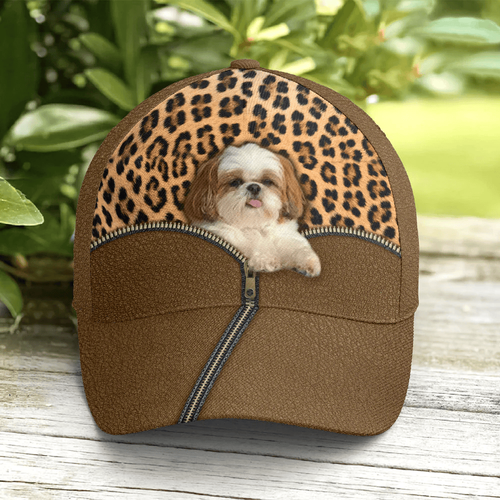 Adeenyc Shih Tzu Dog Leopard Leather Style Baseball Cap Trucker Hats Custom Hats Gifts For Men & Women