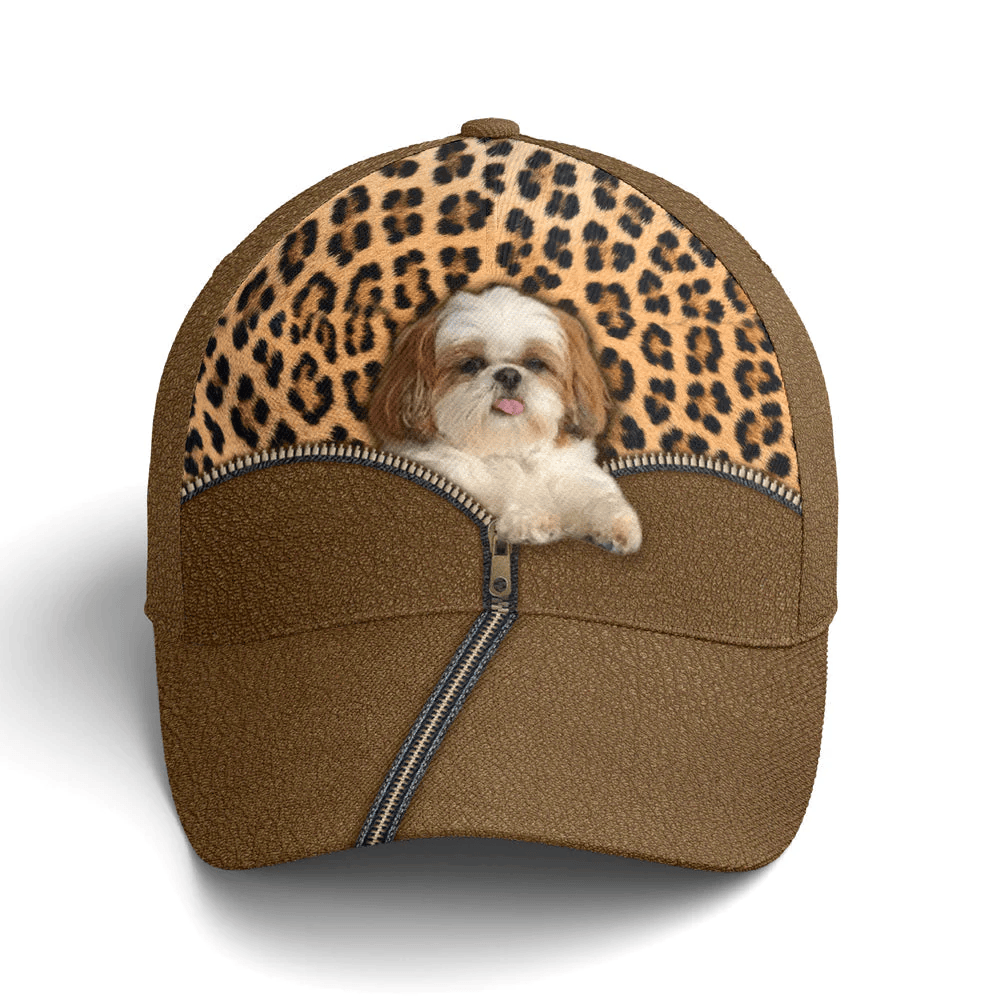 Adeenyc Shih Tzu Dog Leopard Leather Style Baseball Cap Trucker Hats Custom Hats Gifts For Men & Women