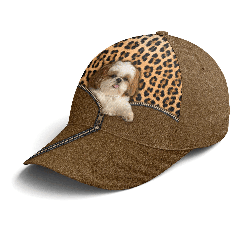 Adeenyc Shih Tzu Dog Leopard Leather Style Baseball Cap Trucker Hats Custom Hats Gifts For Men & Women