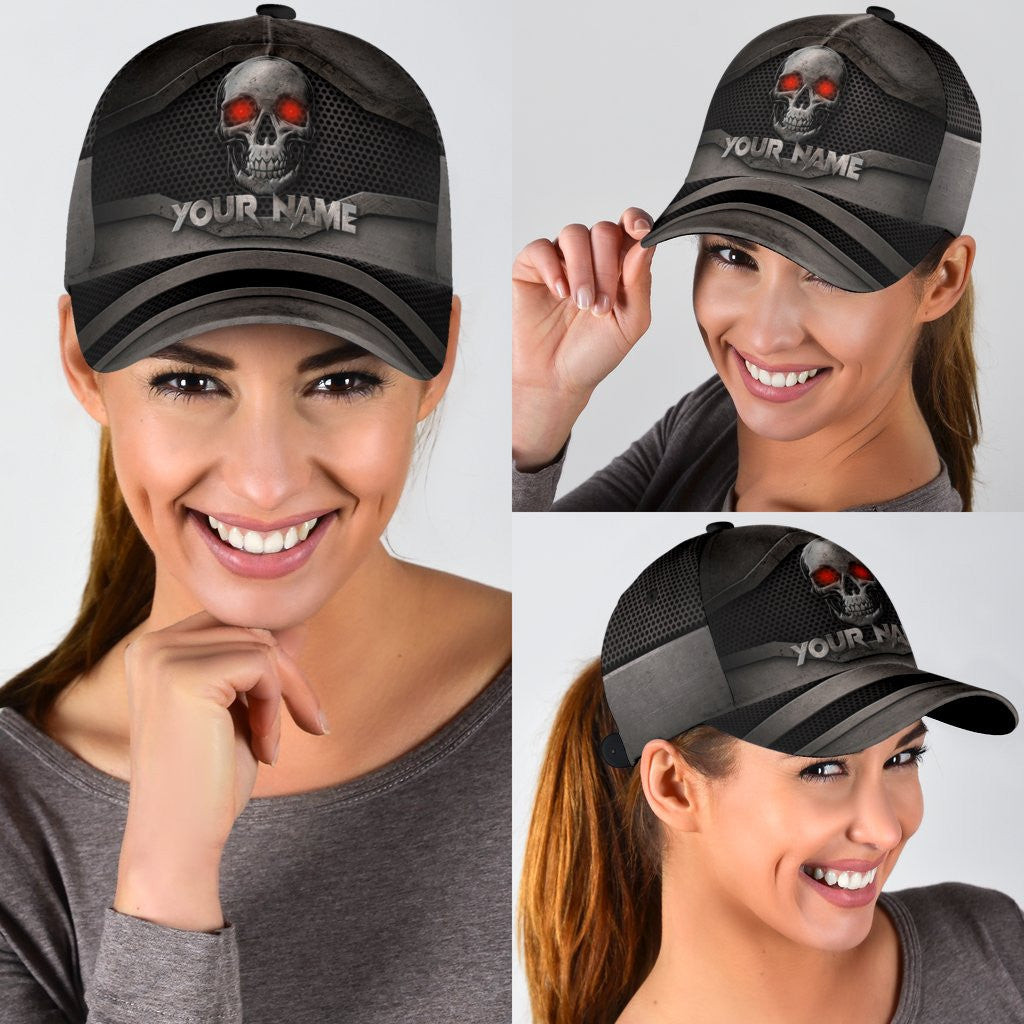 Adeenyc Skull Gifts Metal Classic Skull Personalized Name Classic Cap Trucker Hats Custom Hats Gifts For Men & Women