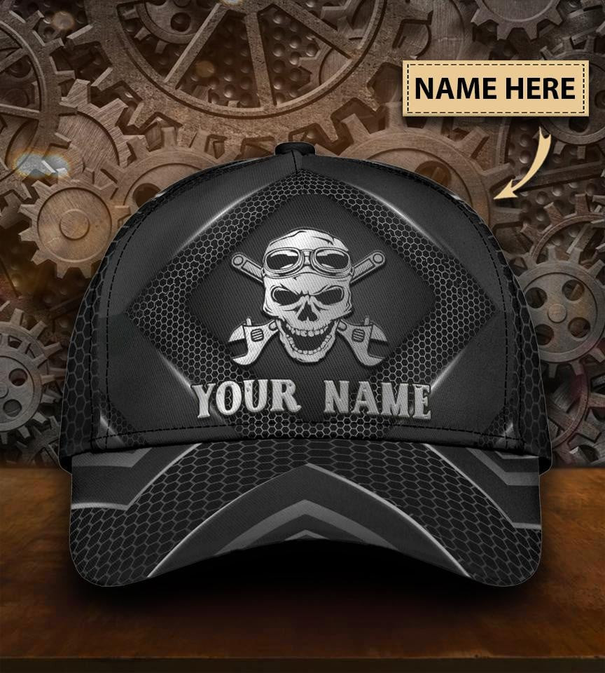 Adeenyc Skull Gifts Skull Mechanic Carbon Classic Cap Personalized Name Trucker Hats Custom Hats Gifts For Men & Women
