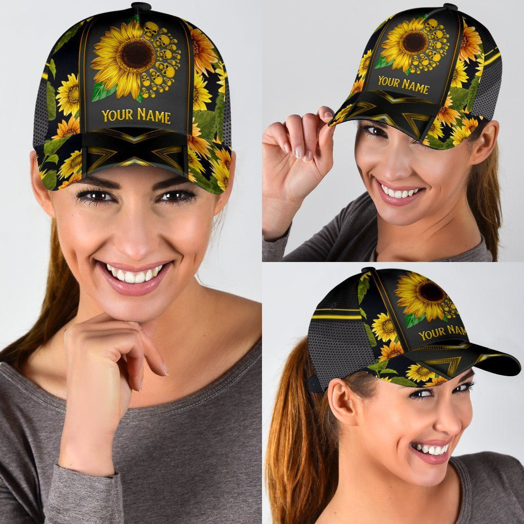 Adeenyc Skull Gifts Skull Sunflower Classic Cap Personalized Name Trucker Hats Custom Hats Gifts For Men & Women