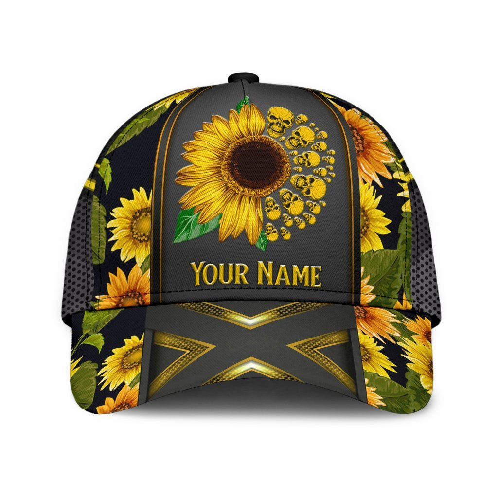 Adeenyc Skull Gifts Skull Sunflower Classic Cap Personalized Name Trucker Hats Custom Hats Gifts For Men & Women