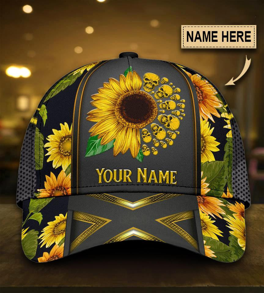Adeenyc Skull Gifts Skull Sunflower Classic Cap Personalized Name Trucker Hats Custom Hats Gifts For Men & Women