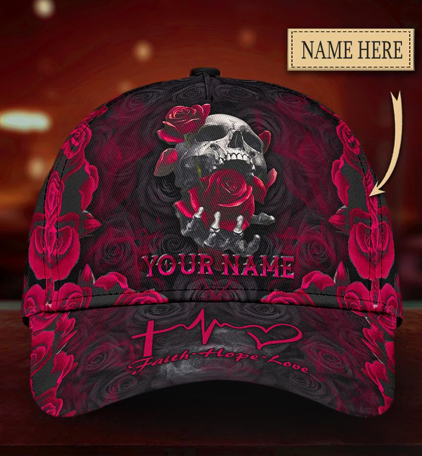 Adeenyc Skull Gifts Skull With Roses Faith Hope Love Classic Cap Trucker Hats Custom Hats Gifts For Men & Women