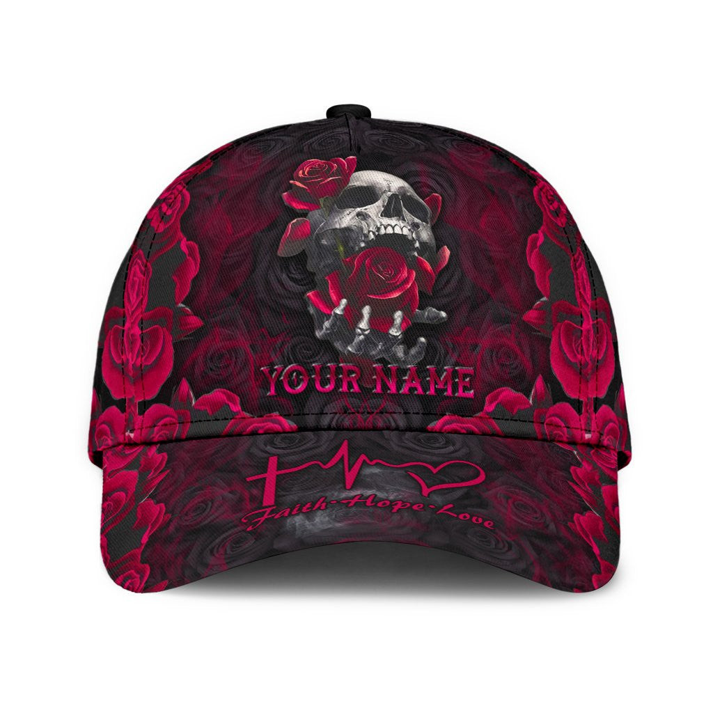 Adeenyc Skull Gifts Skull With Roses Faith Hope Love Classic Cap Trucker Hats Custom Hats Gifts For Men & Women
