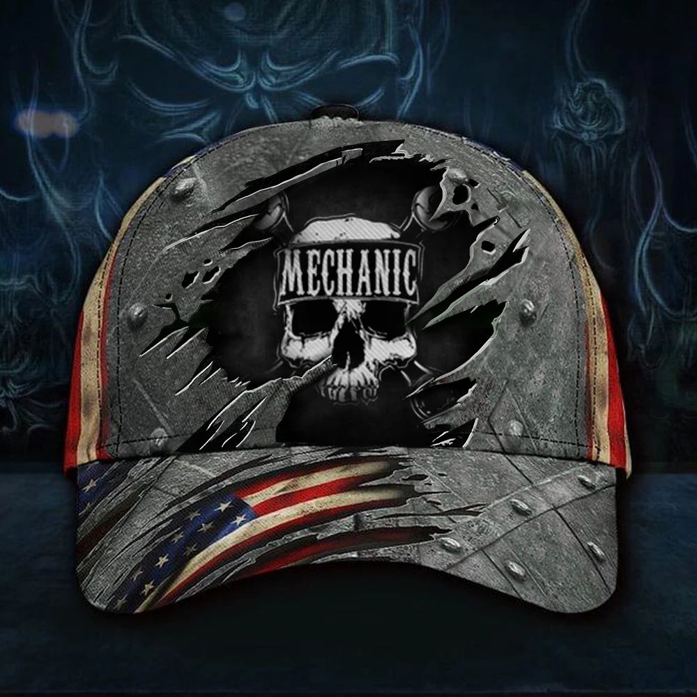 Adeenyc Skull Mechanic U.S Flag Hat 3D Printed Vintage Mens Cap For Mechanic Dad Gift Idea Trucker Hats Custom Hats Gifts For Men & Women