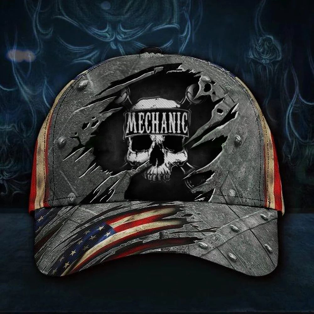 Adeenyc Skull Mechanic U.S Flag Hat 3D Printed Vintage Mens Cap For Mechanic Dad Gift Idea Trucker Hats Custom Hats Gifts For Men & Women