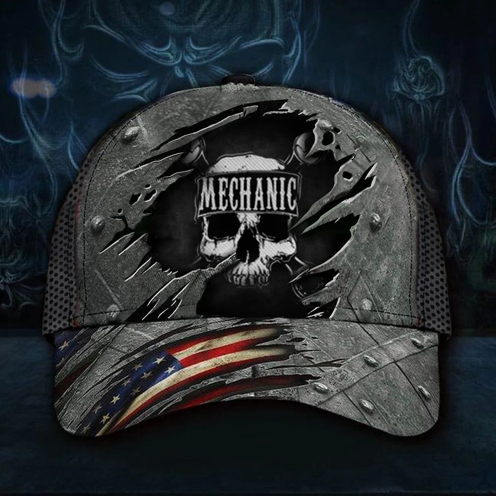 Adeenyc Skull Mechanic U.S Flag Hat 3D Printed Vintage Mens Cap Gift Idea For Dad Trucker Hats Custom Hats Gifts For Men & Women