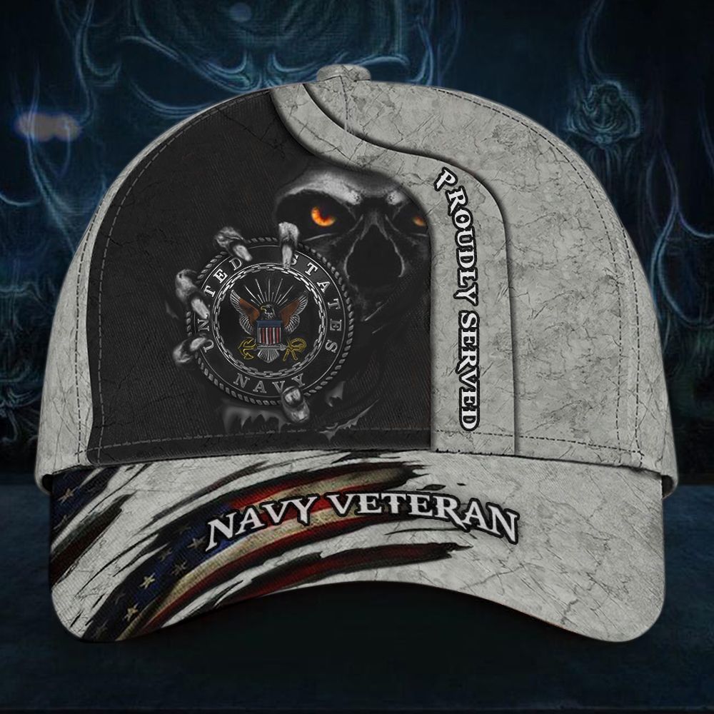 Adeenyc Skull Navy Veteran Proudly Served Hat Unique American Flag Cap Honor Navy Veteran Gifts Trucker Hats Custom Hats Gifts For Men & Women