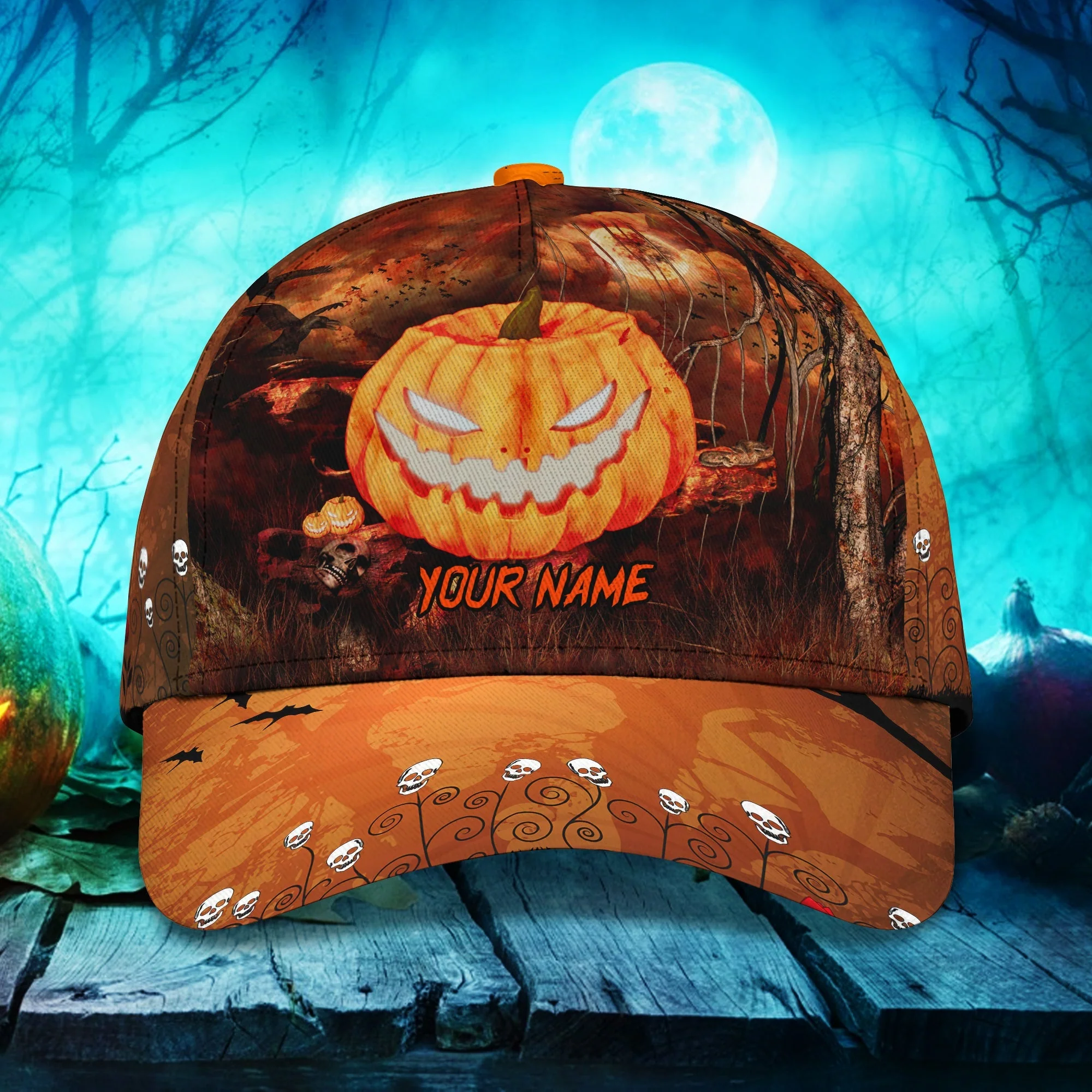 Adeenyc Skull Pumpkin Carving Halloween Hats Unisex Custom Text Trucker Cap, Halloween Cap with Adjustable Snap Trucker Hats Custom Hats Gifts For Men & Women