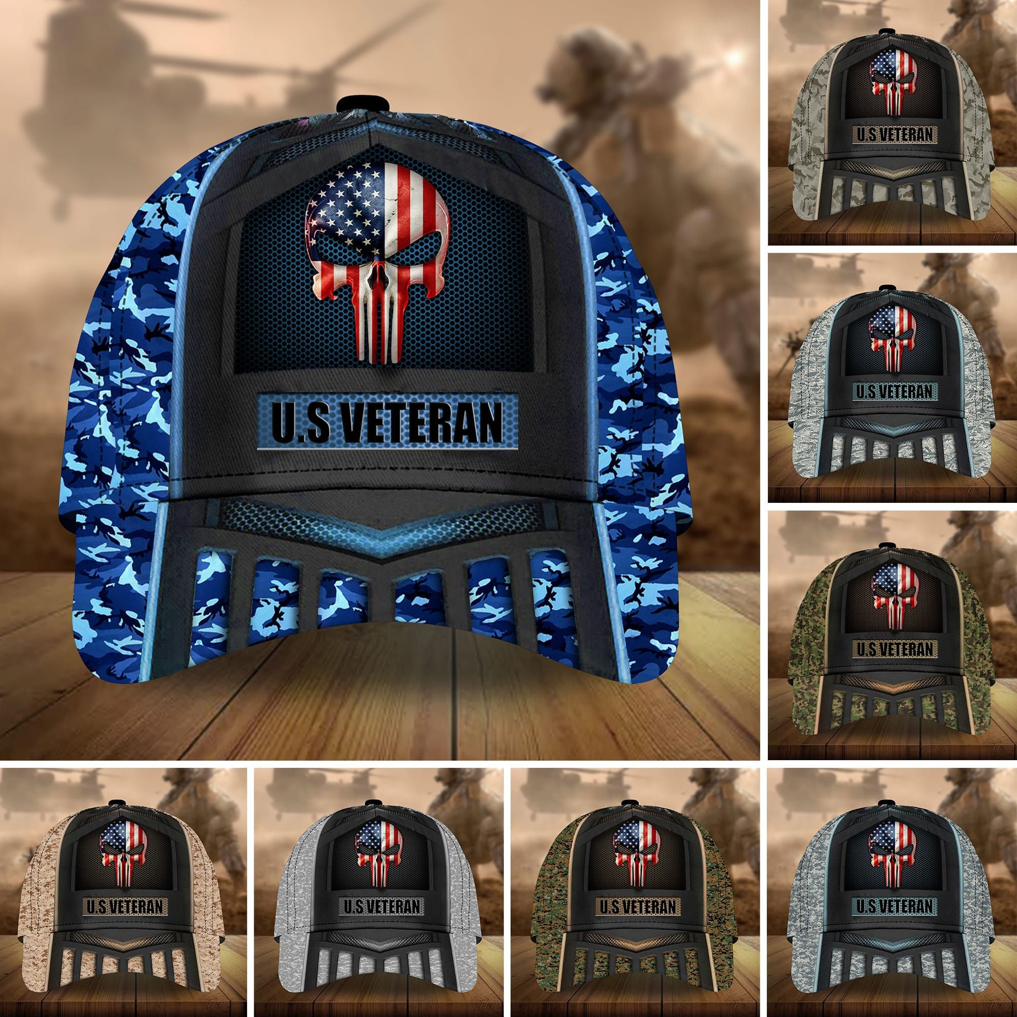 Adeenyc Skull Veteran Cap 3D Camo All Over Print Trucker Hats Custom Hats Gifts For Men & Women