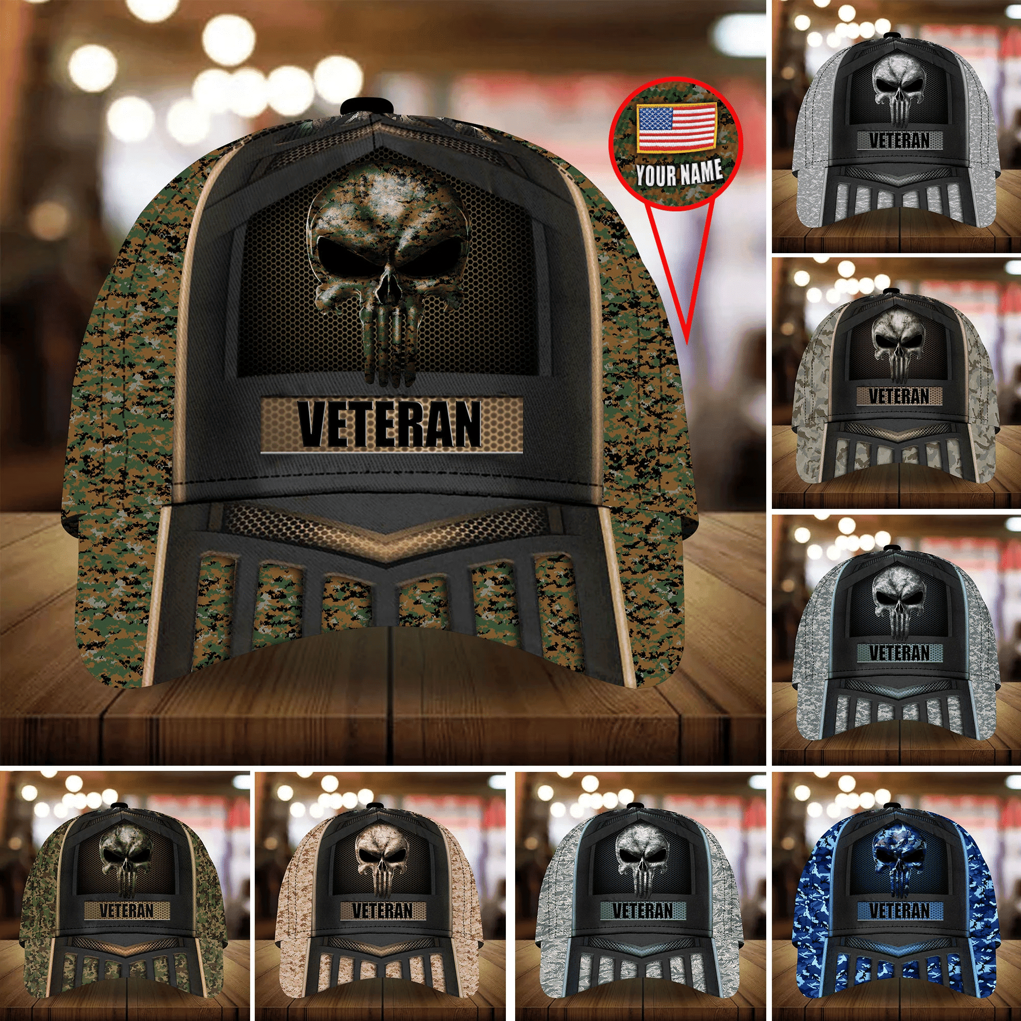 Adeenyc Skull Veteran Cap 3D Camo Personalized All Over Print Trucker Hats Custom Hats Gifts For Men & Women