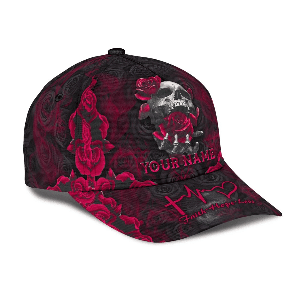 Adeenyc Skull With Roses Faith Hope Love Classic Cap 3D Personalized Trucker Hats Custom Hats Gifts For Men & Women