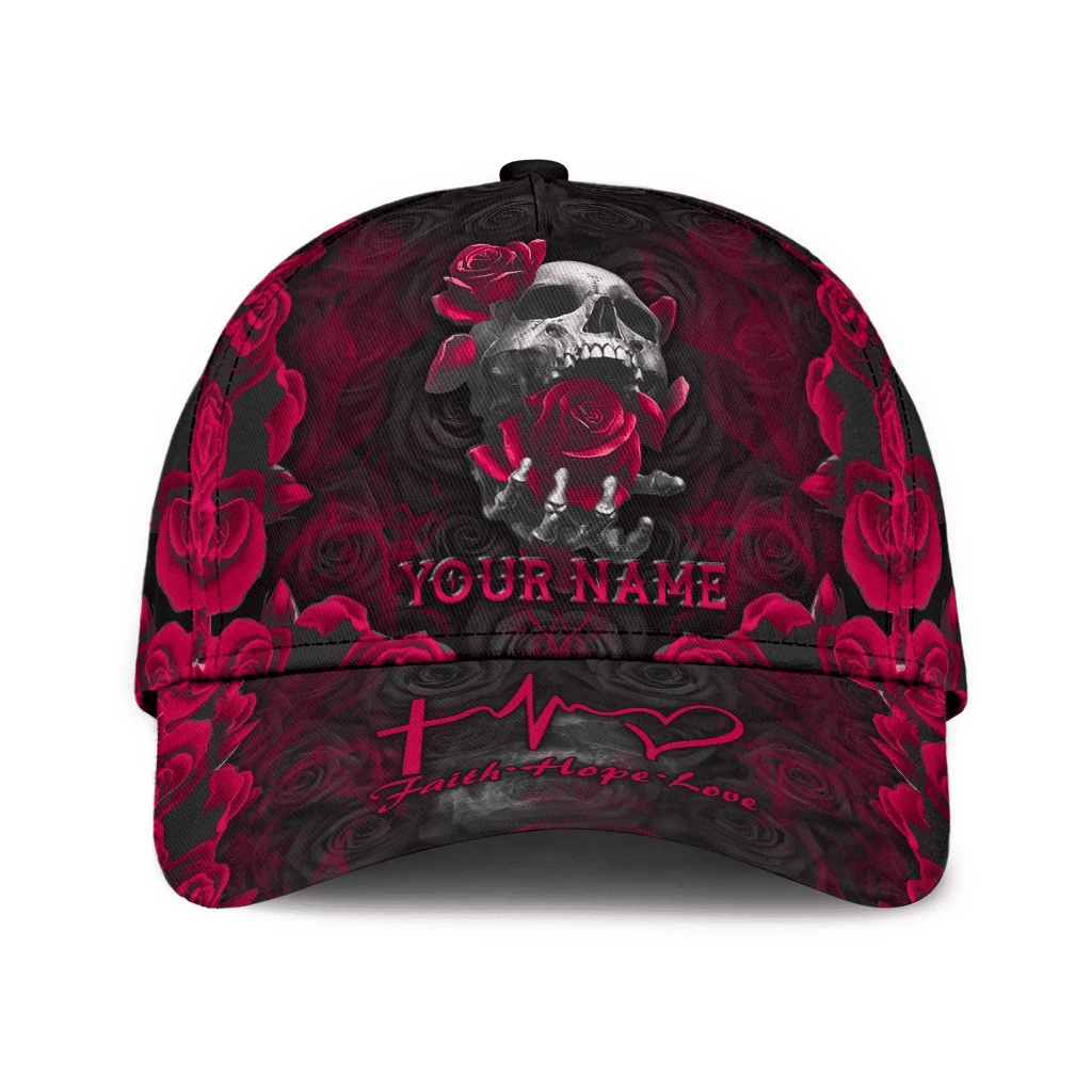 Adeenyc Skull With Roses Faith Hope Love Classic Cap 3D Personalized Trucker Hats Custom Hats Gifts For Men & Women