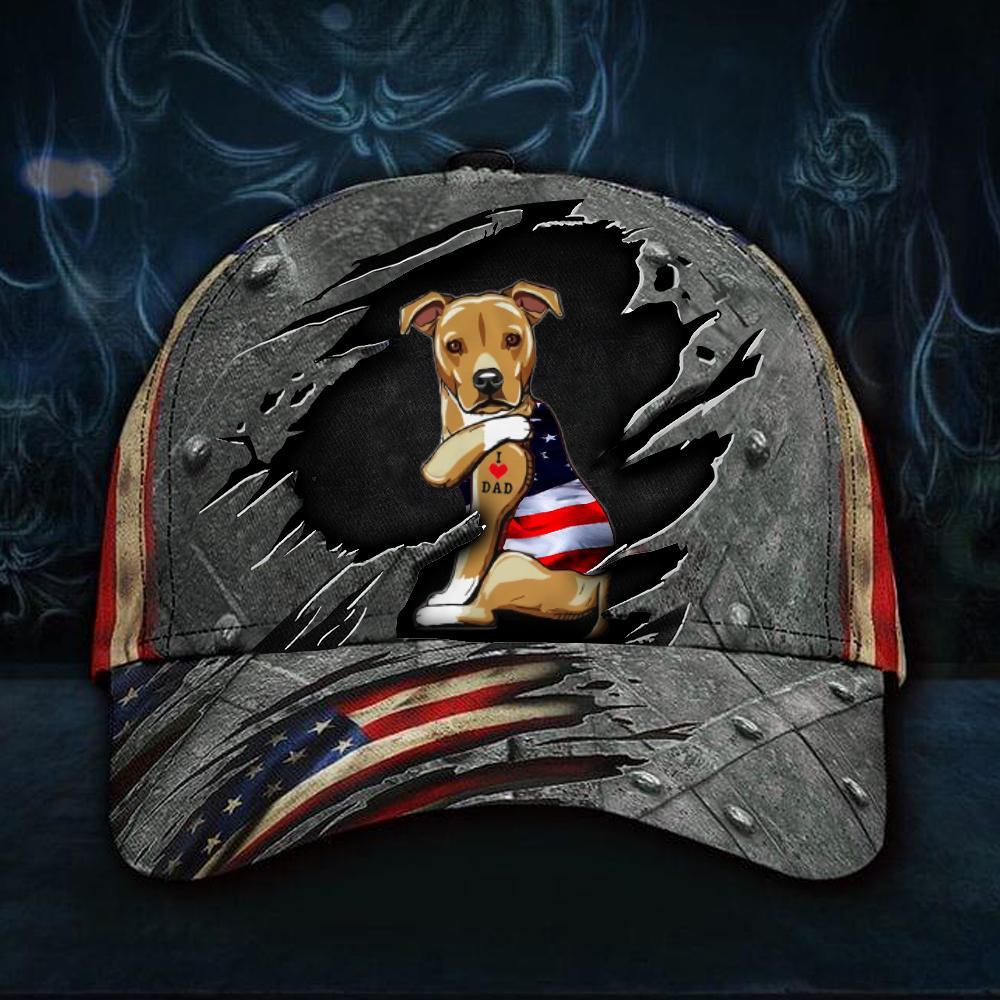 Adeenyc Staffordshire Bull Terrier Hat I Love Dad American Flag Cap Pitbull Merch Gifts For Dad Classic Cap Trucker Hats Custom Hats Gifts For Men & Women