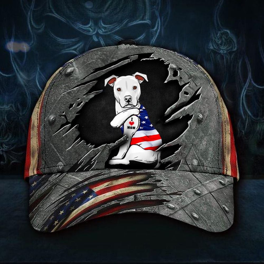 Adeenyc Staffordshire Terrier With USA Flag Classic Cap I Love Mom Hat Gifts For My Mom Trucker Hats Custom Hats Gifts For Men & Women