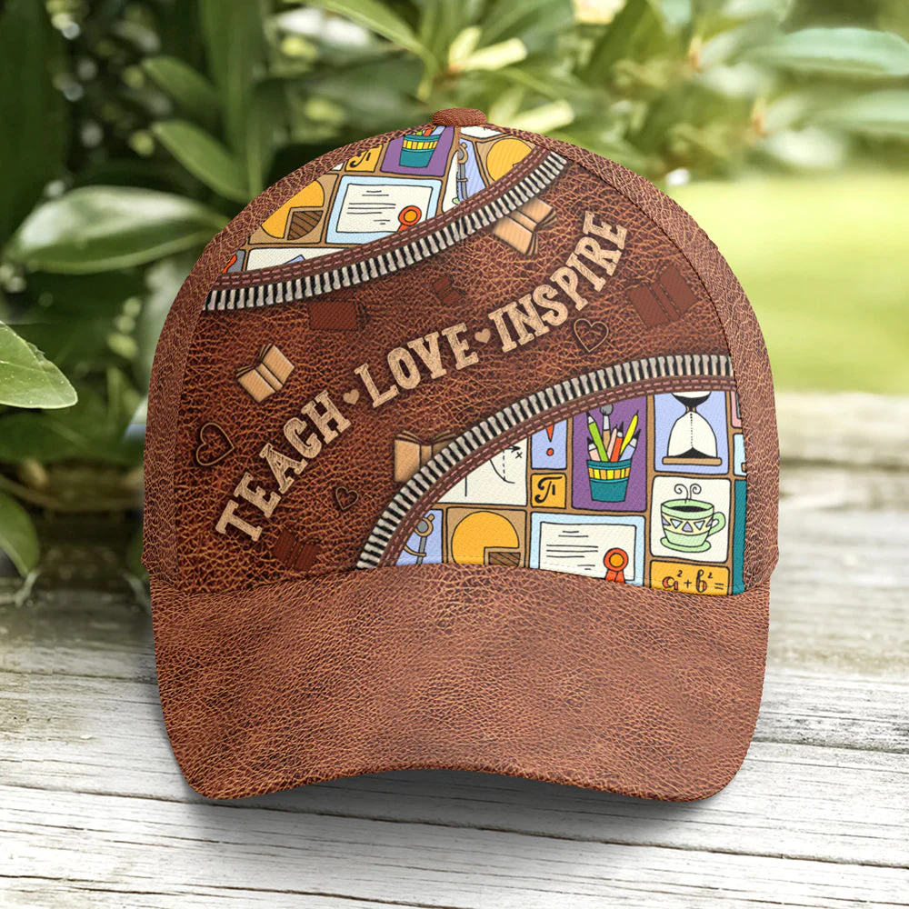 Adeenyc Teach Love Inspire Classic Leather Subjects Art Style Baseball Cap Trucker Hats Custom Hats Gifts For Men & Women