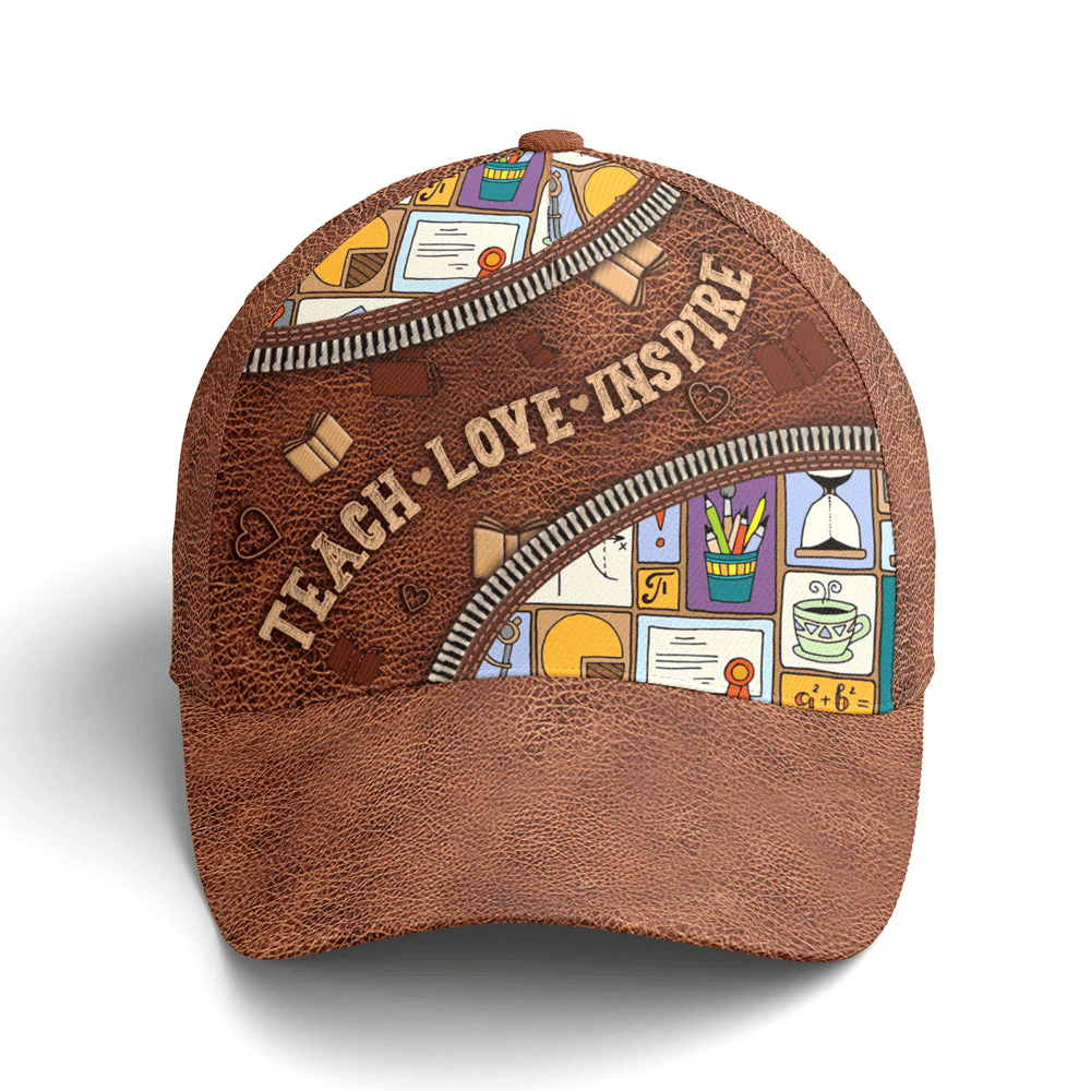 Adeenyc Teach Love Inspire Classic Leather Subjects Art Style Baseball Cap Trucker Hats Custom Hats Gifts For Men & Women