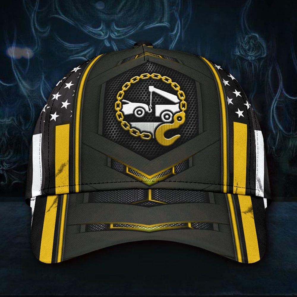 Adeenyc Tow Truck Yellow Line American Flag Cap Honor Tow Truck Driver Operator Gift Ideas For Men Trucker Hats Custom Hats Gifts For Men & Women