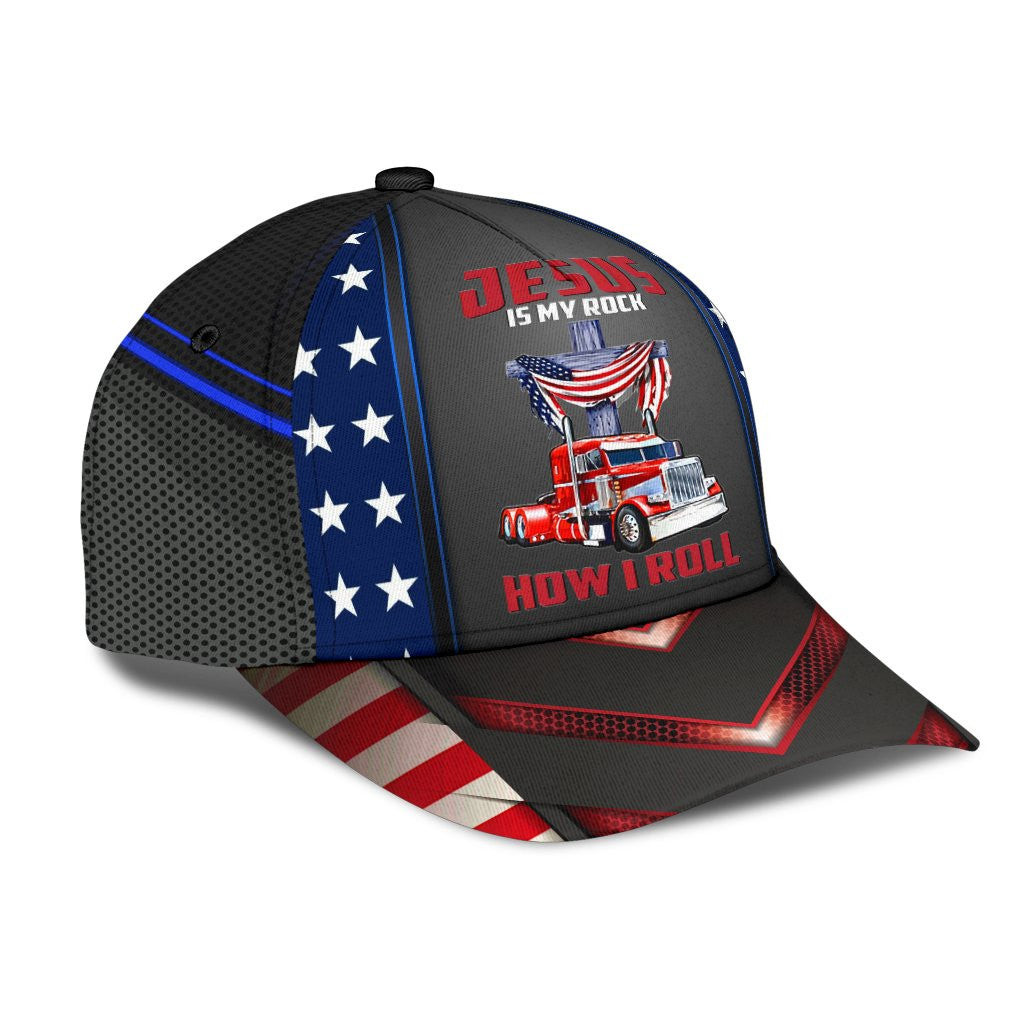 Adeenyc Trucker Jesus Is My Rock And That's How I Roll Classic Cap All Over Print Trucker Hats Custom Hats Gifts For Men & Women