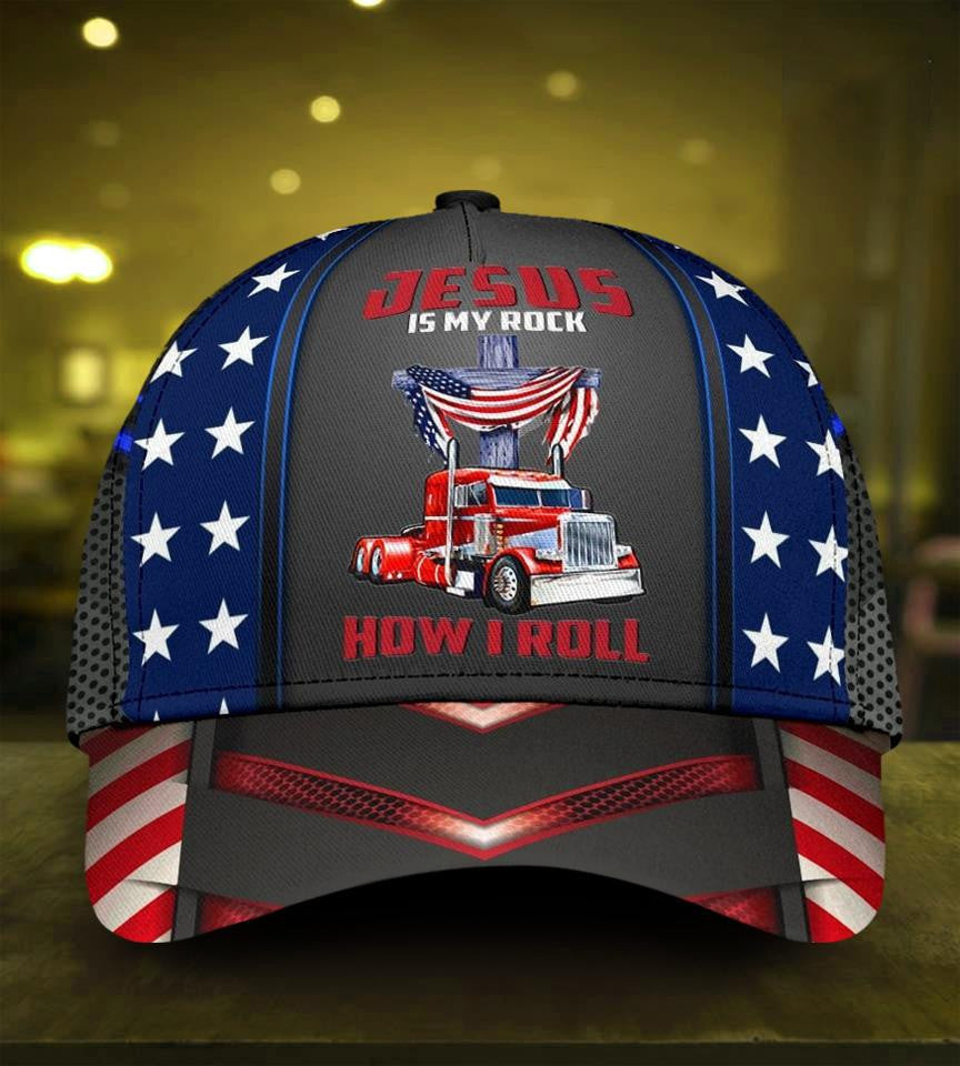 Adeenyc Trucker Jesus Is My Rock And That's How I Roll Classic Cap All Over Print Trucker Hats Custom Hats Gifts For Men & Women