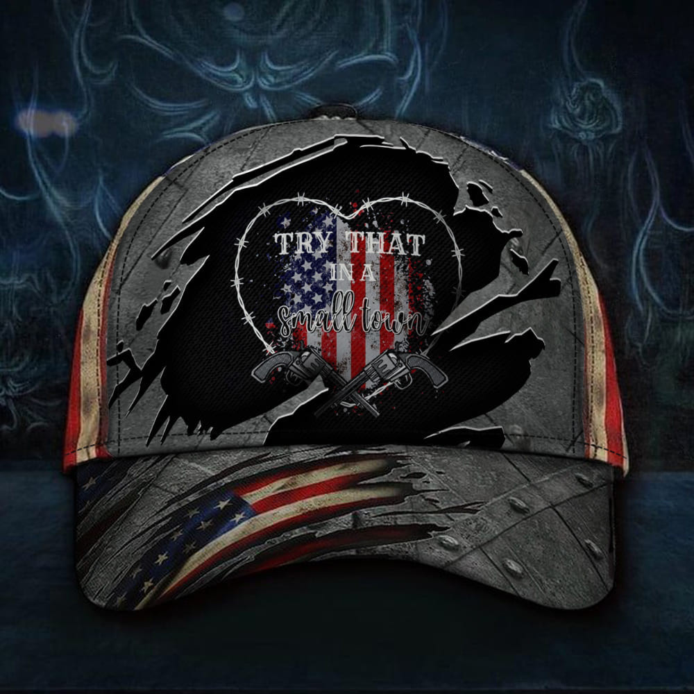 Adeenyc Try That In A Small Town Hat Gun Lovers Vintage Old American Flag Hats Gift Ideas Trucker Hats Custom Hats Gifts For Men & Women