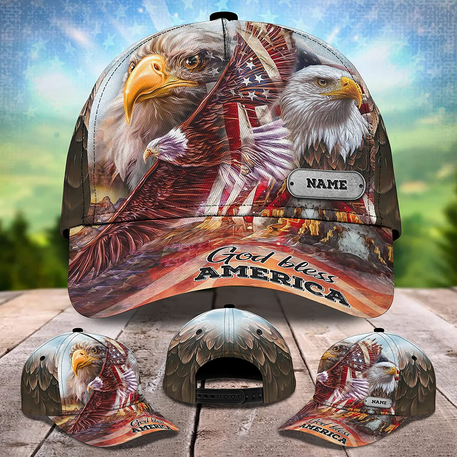 Adeenyc US Bald Eagle God Bless America Custom Name Cap 3D Personalized Cap for Patriotic Americans Trucker Hats Custom Hats Gifts For Men & Women