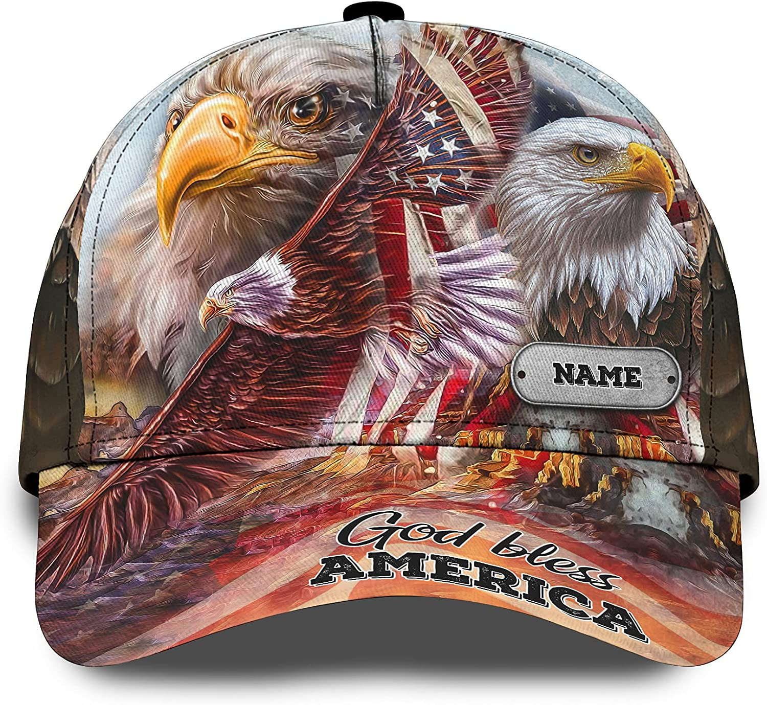 Adeenyc US Bald Eagle God Bless America Custom Name Cap 3D Personalized Cap for Patriotic Americans Trucker Hats Custom Hats Gifts For Men & Women