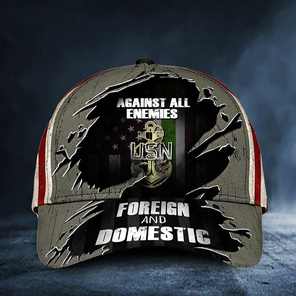 Adeenyc US Navy Hat Against All Enemies Foreign And Domestic USN US Navy Ball Cap Green Line USA Flag Trucker Hats Custom Hats Gifts For Men & Women
