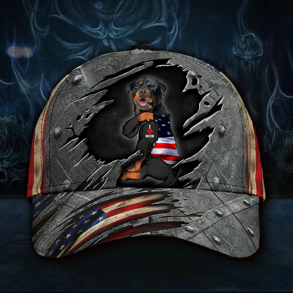 Adeenyc USA Flag With Rottweiler Dog Hat I Love Mom Cap The Best Mother Gifts Trucker Hats Custom Hats Gifts For Men & Women