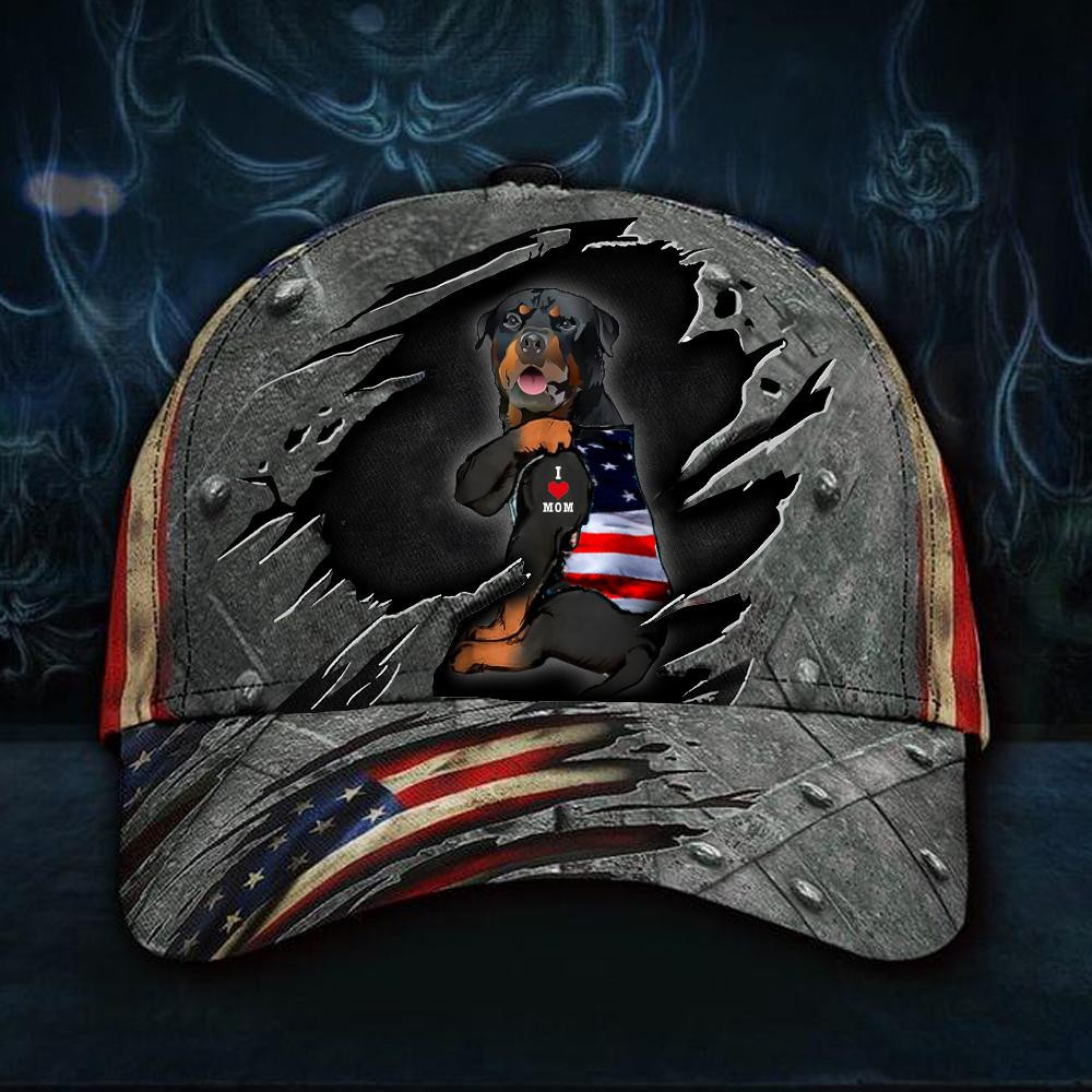 Adeenyc USA Flag With Rottweiler Dog Hat I Love Mom Cap The Best Mother Gifts Classic Cap Trucker Hats Custom Hats Gifts For Men & Women