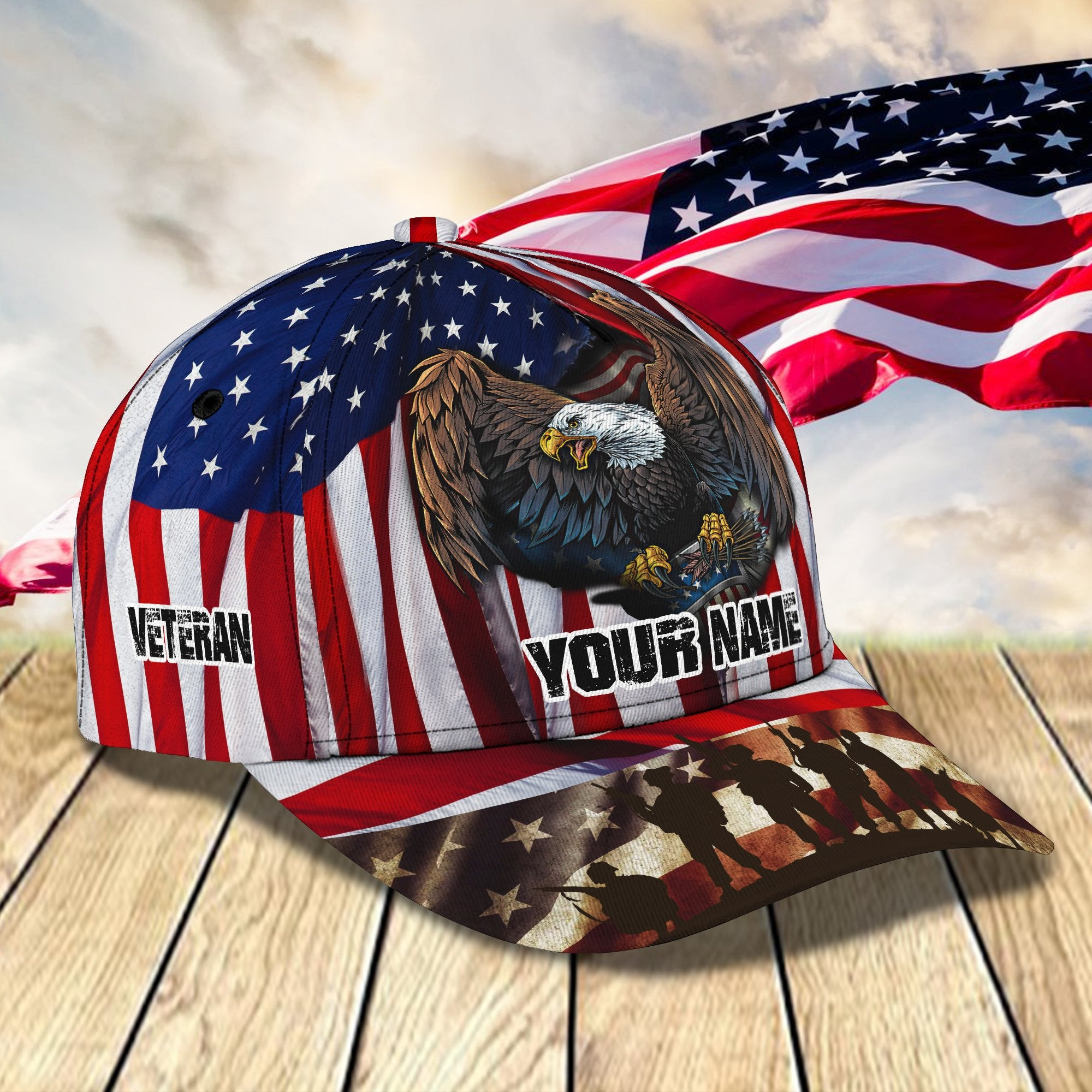 Adeenyc Veteran Eagle Personalized Name All Over Print Classic Cap Trucker Hats Custom Hats Gifts For Men & Women