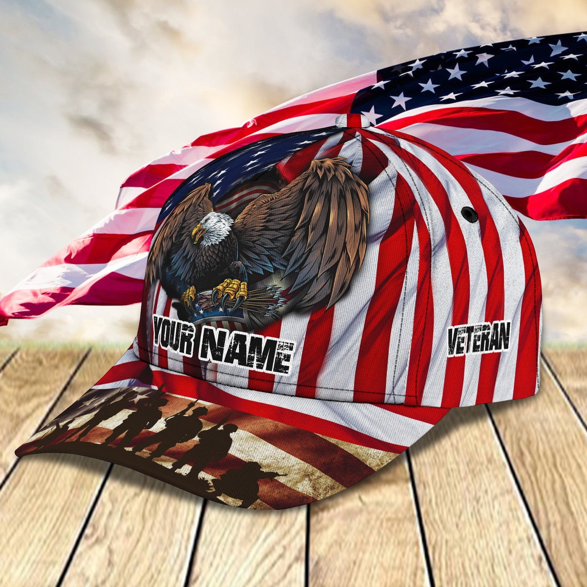 Adeenyc Veteran Eagle Personalized Name All Over Print Classic Cap Trucker Hats Custom Hats Gifts For Men & Women