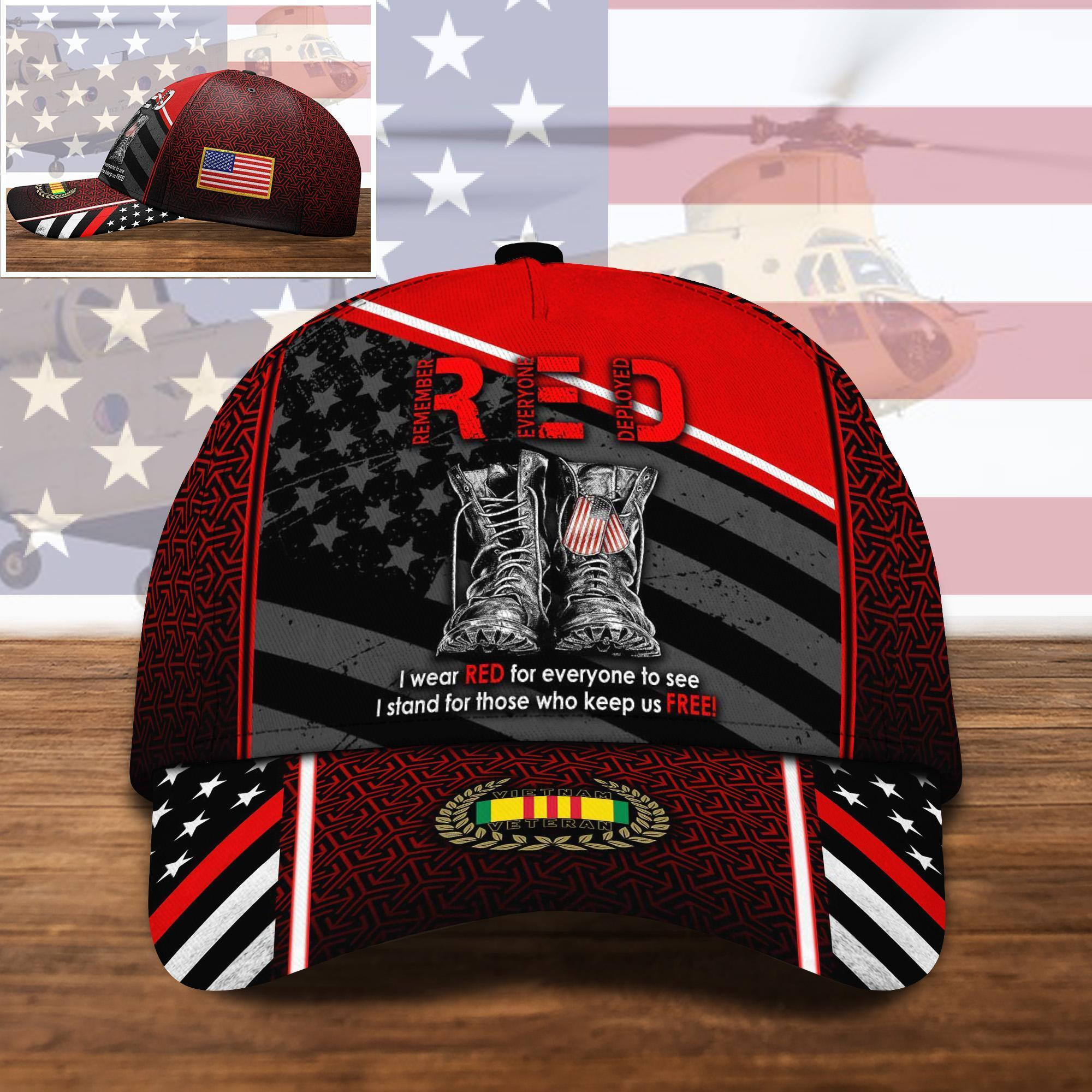 Adeenyc VIETNAM VETERAN I Wear Red For Everyone, US Military Gifts, US Veteran Gifts Cap Trucker Hats Custom Hats Gifts For Men & Women