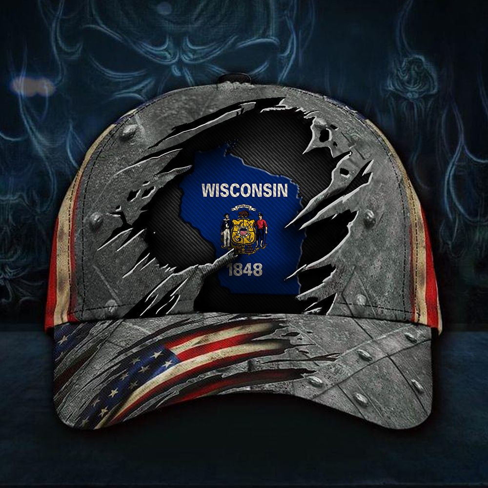 Adeenyc Wisconsin State Inside American Flag Hat Vintage Old Retro Cap Gifts For Patriots Trucker Hats Custom Hats Gifts For Men & Women