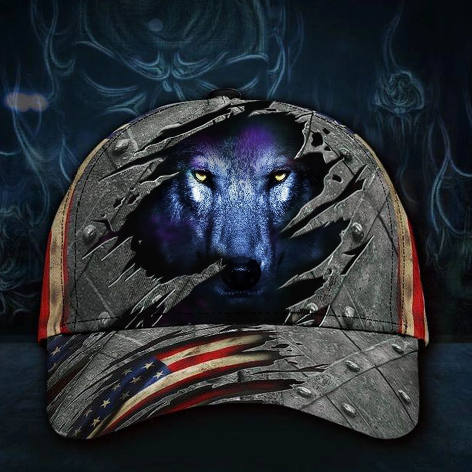 Adeenyc Wolf Face 3D Hat Vintage American Flag Cap For Men Patriotic Gifts For Him Wolf Lover Trucker Hats Custom Hats Gifts For Men & Women