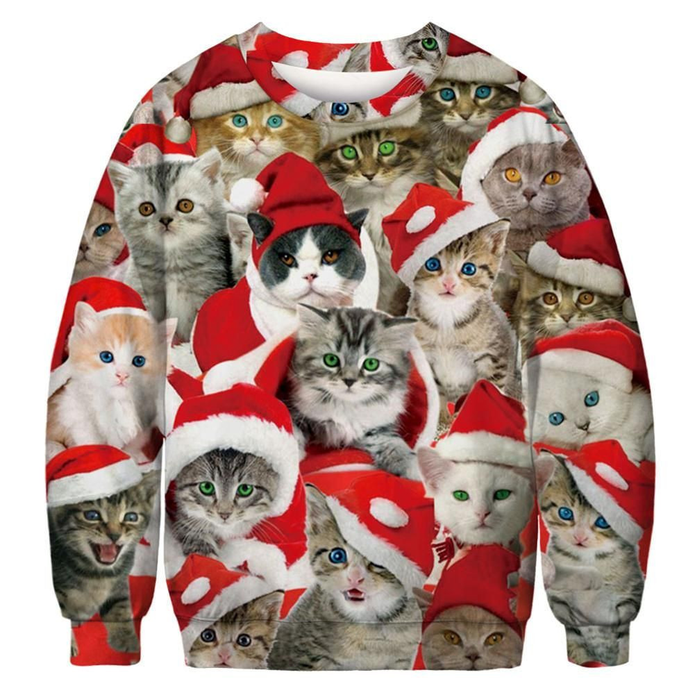 Adorable Cat With Red Hat 3D All Over Print Ugly Christmas Sweater Adult 3D Funny Matching for family