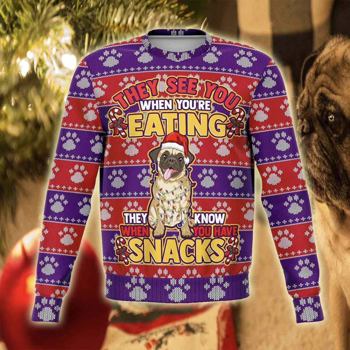 Adorable Pug Snacks 3D All Over Print Ugly Christmas Sweater Adult 3D Funny Matching for family