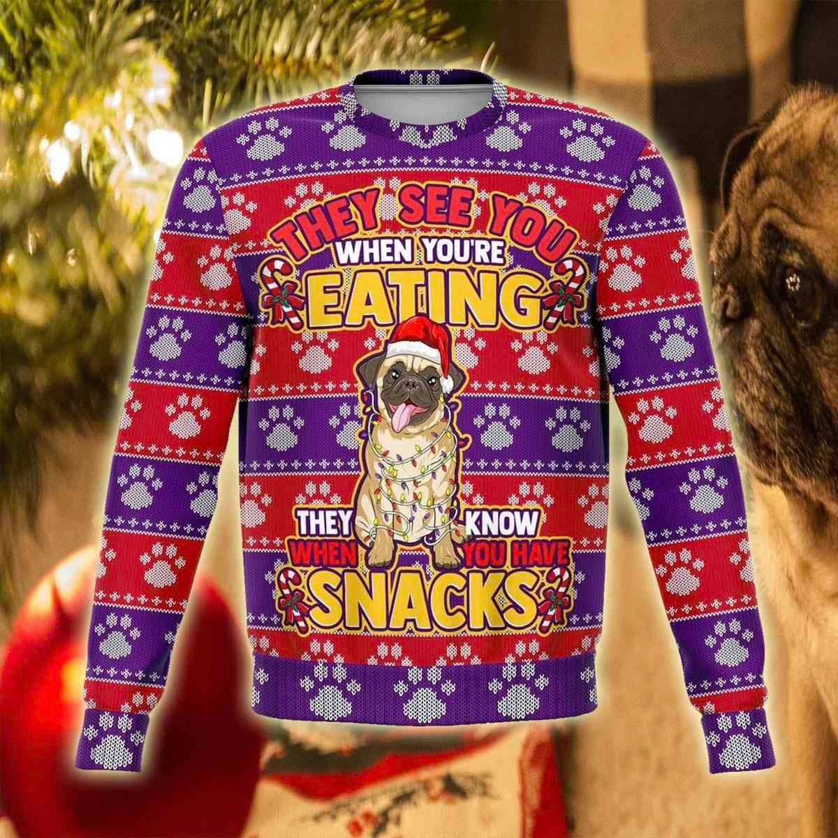Adorable Pug Snacks 3D Ugly Christmas Sweater Adult 3D Funny Matching for family
