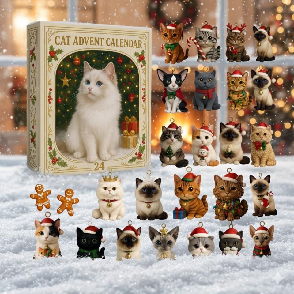 Advent Calendar Christmas Ornament 2025 Cat Acrylic Decor Set Cute Kitten Figurine Collection Holiday Gift