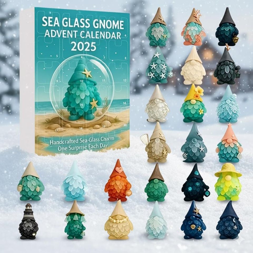 Advent Calendar Christmas Ornament 2025, Sea Glass Gnome Decor Set, Coastal Holiday Gift
