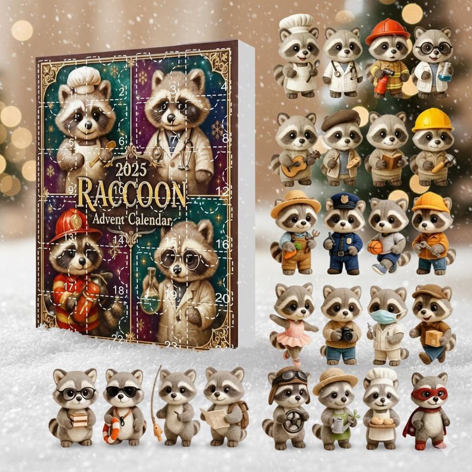 Advent Calendar Christmas Ornament Cute Raccoon Acrylic Decor Set 2025 Woodland Animal Figurines Holiday Countdown Gift for Kids