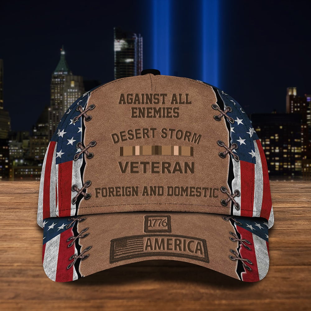 Against All Enemies Desert Storm Veteran American Flag Hat Proud US Military Hats Trucker Hats Custom Hats Gifts For Men & Women